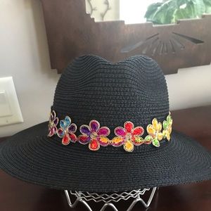 Black straw hat with colorful detail